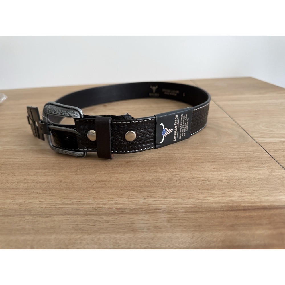 American Bison Genuine Leather Western Belt Black Basketweave Size S 30-32 New